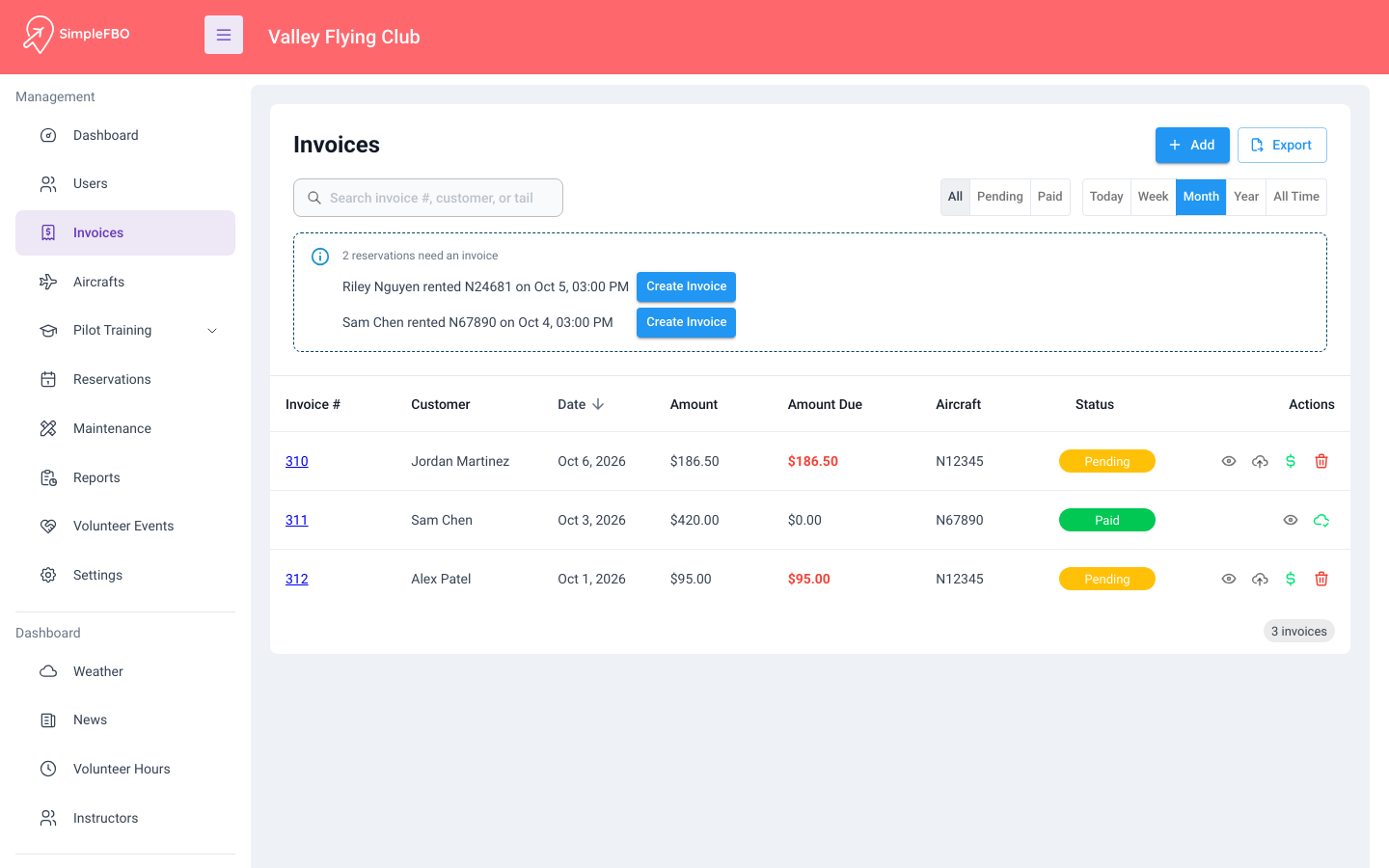 SimpleFBO invoices page with pending and paid invoices and QuickBooks sync