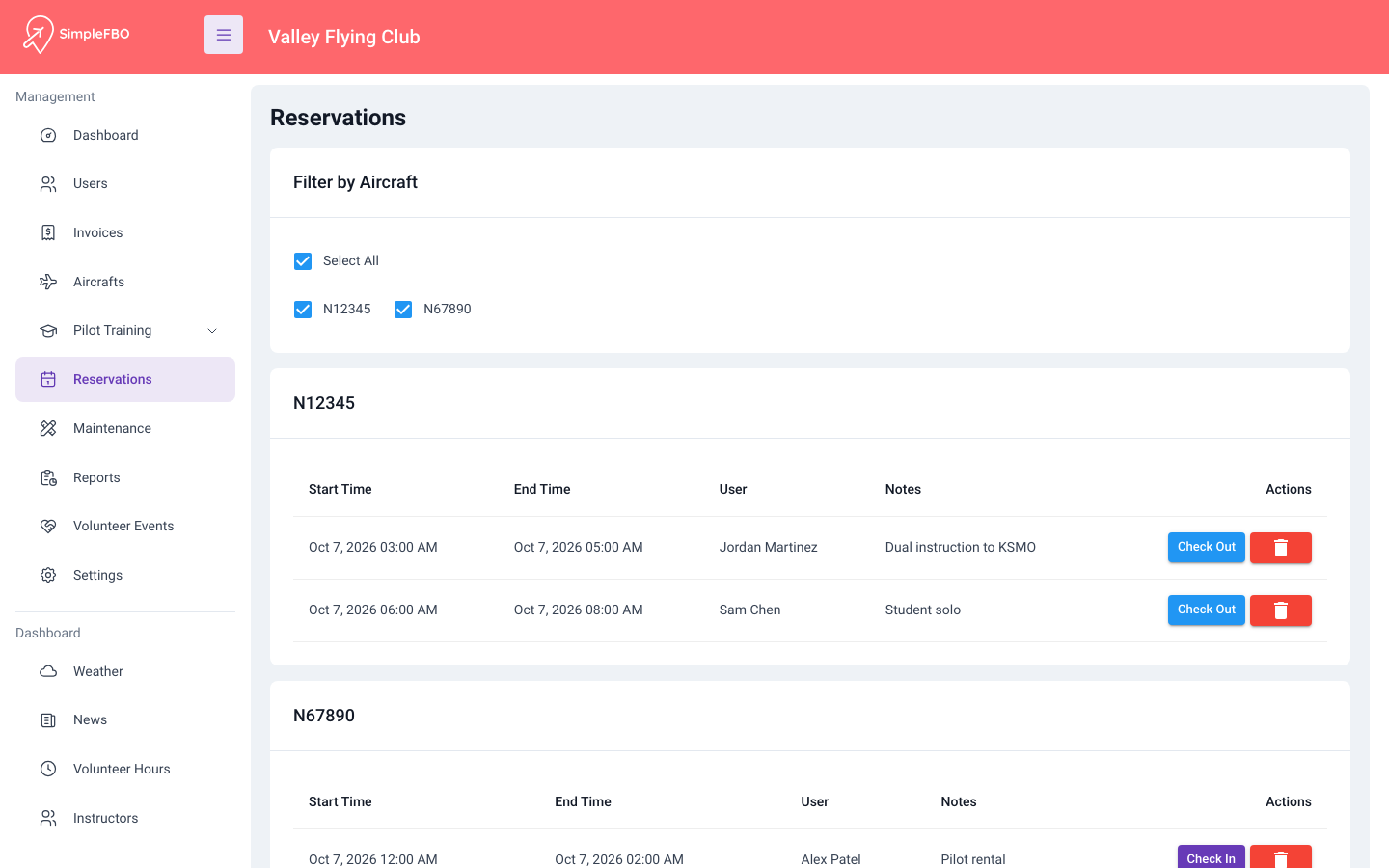 SimpleFBO reservations list showing bookings for N12345 and N67890