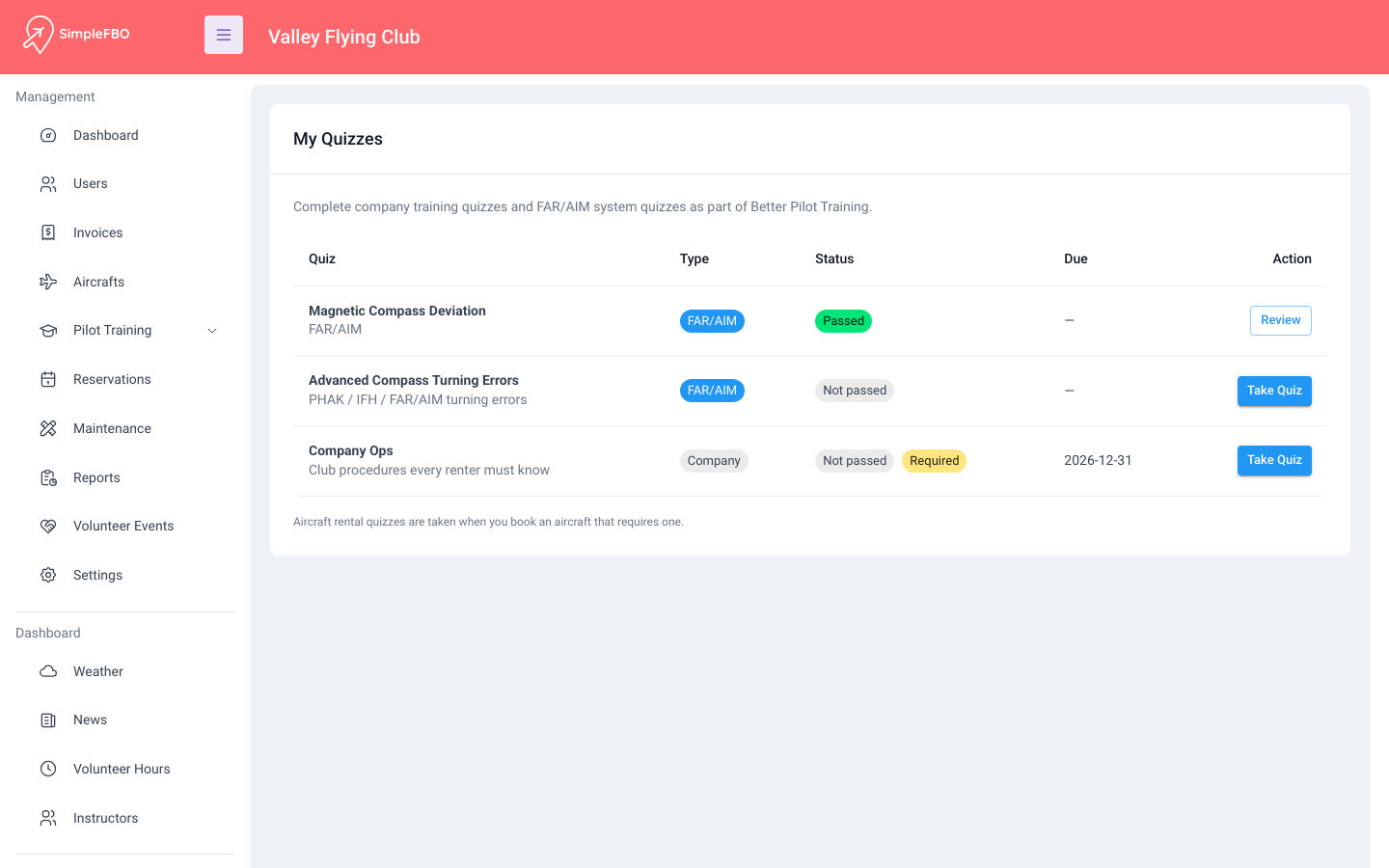 SimpleFBO training quizzes with FAR/AIM topics, pass status, and a required due date