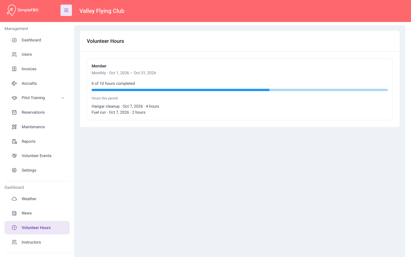 SimpleFBO volunteer hours progress showing 6 of 10 hours completed