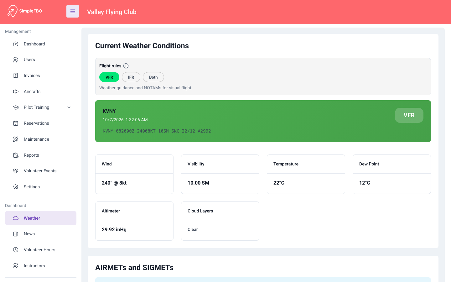 SimpleFBO weather page showing current METAR conditions for KVNY