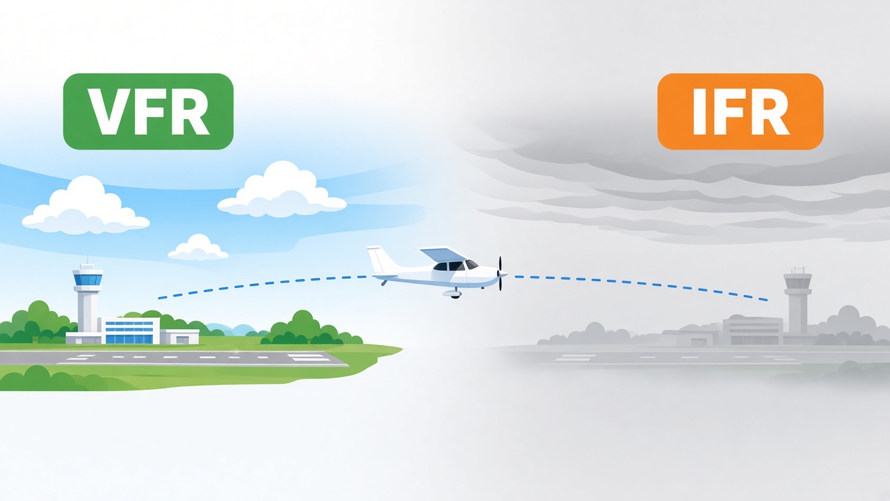 A flight from a VFR airport under clear skies to an IFR airport under a low ceiling.