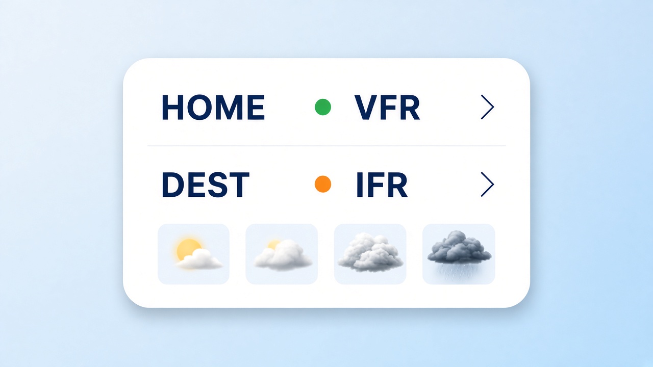 A reservation showing VFR at the home airport, IFR at the destination, and earlier reports turning cloudier.