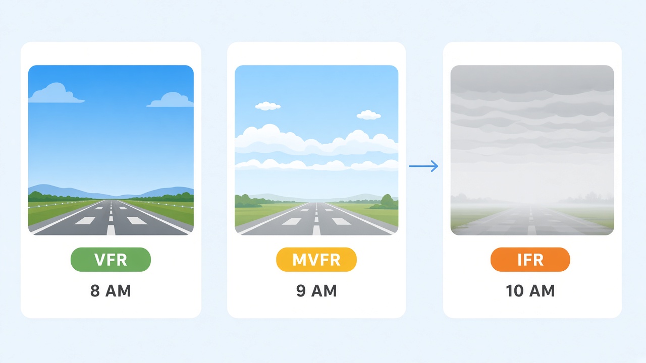 The same airport at 8 AM in VFR, 9 AM in MVFR, and 10 AM in IFR as the ceiling lowers.